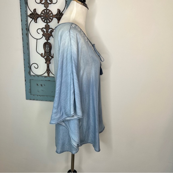 EST. 1945 Denim Embroidered Neckline Top, Tassel Tie Front - Picture 4 of 10